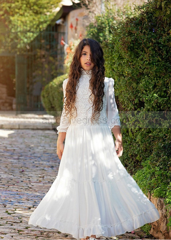 High Neck Ivory Lace Chiffon Keyhole Back Flower Girl Dress High Neck Ivory Lace Chiffon Keyhole Back Flower Girl Dress